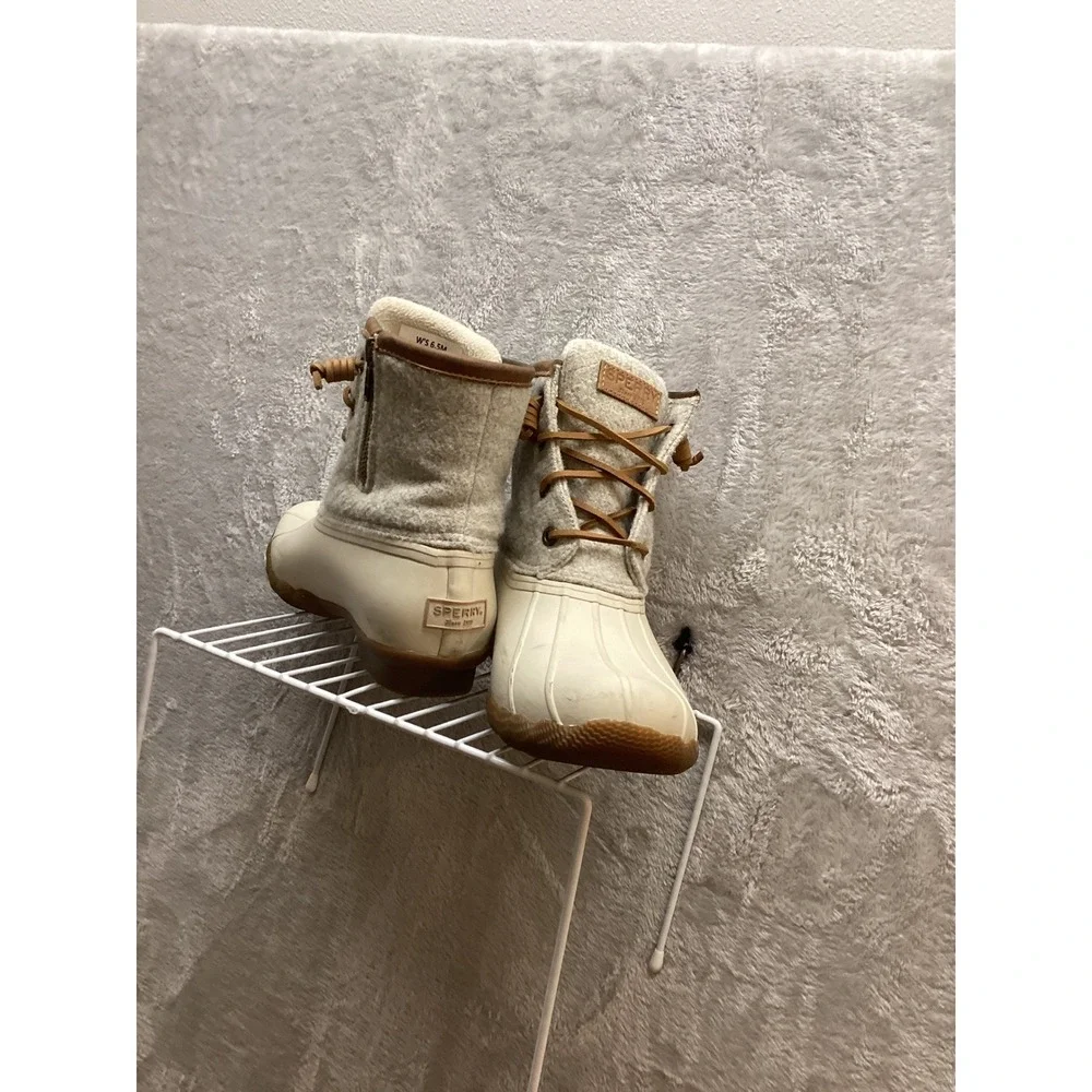 Sperry Women's Saltwater Duck Boots Cream‎ Wool Side Zip Lace Up Waterproof